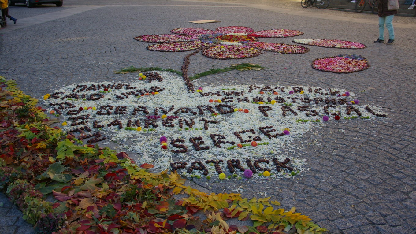 Photo de la composition faites avec des fleurs sur le sol place de la mairie